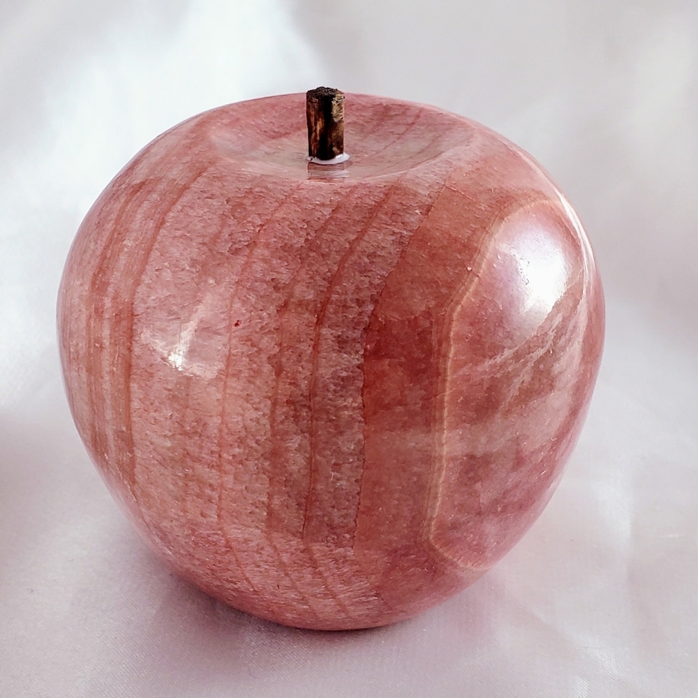 Vintage 1970s Alabaster marble apple, pink with natural red onyx strips